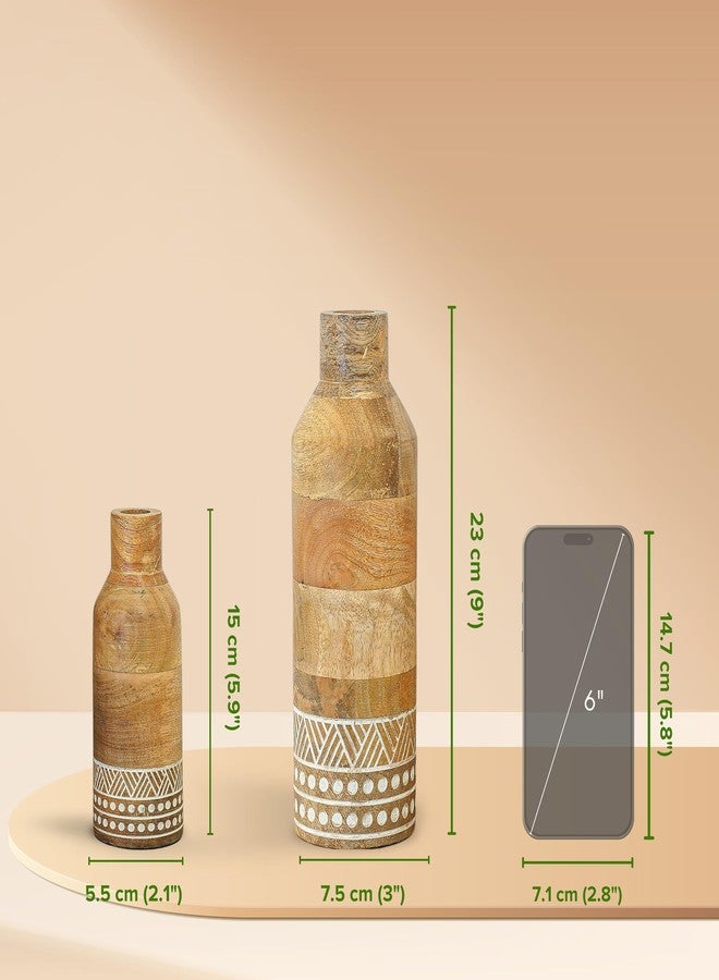 Behoma Boho Engraved Design Wooden Flower Vase Set of 2, Bottle Shape Mango Wood Vases for Flowers for Decor Home Living Room Kitchen Office, Natural Light Brown Finish | Height - 23 cm & 15 cm - Image 3